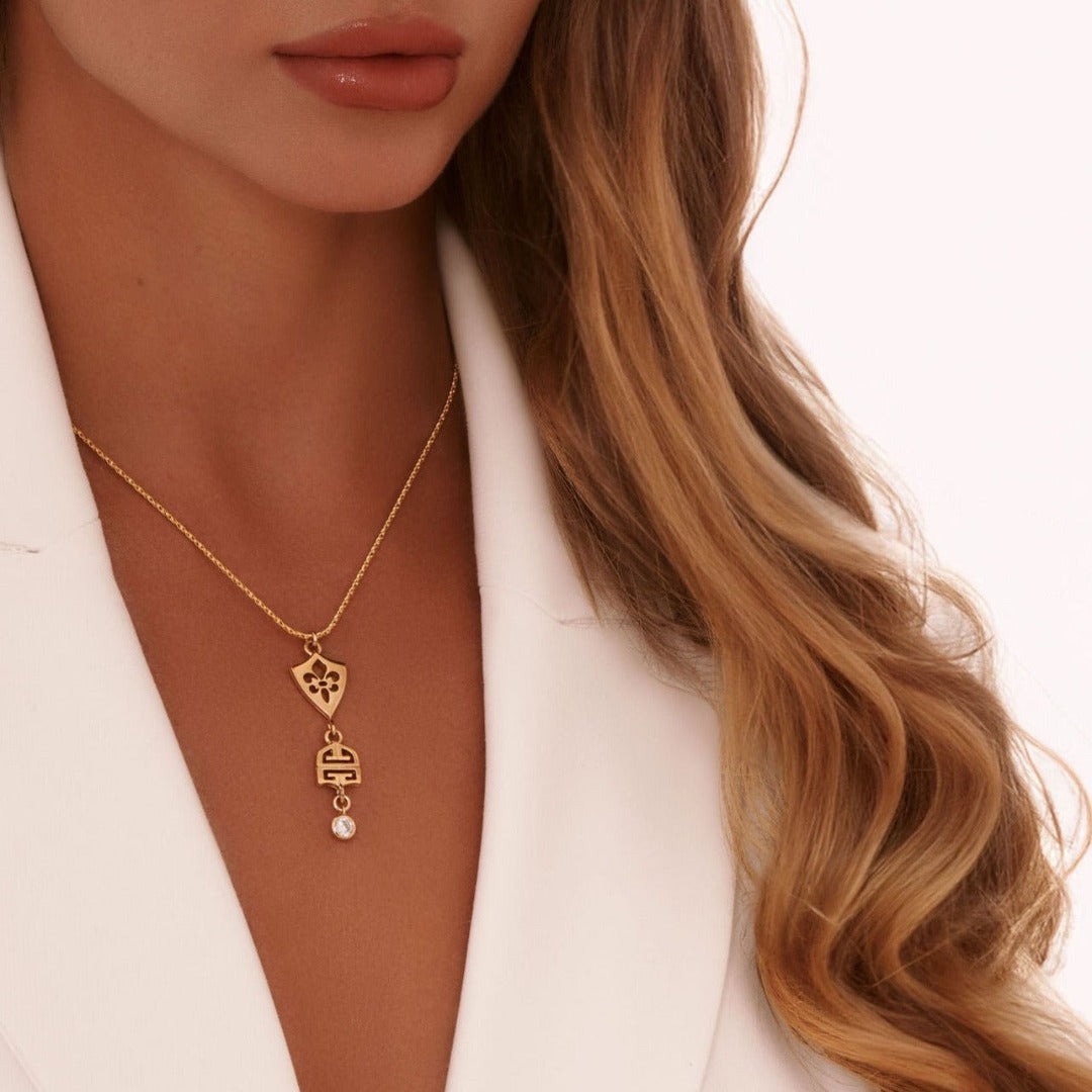 Statement Gold Logo Necklace with Crystal Drop