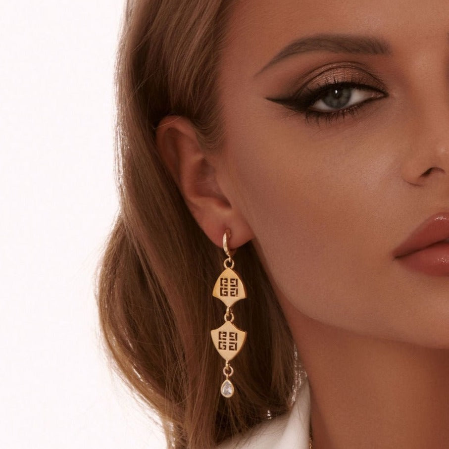 Statement Gold Double Logo Earrings with Crystal Drop