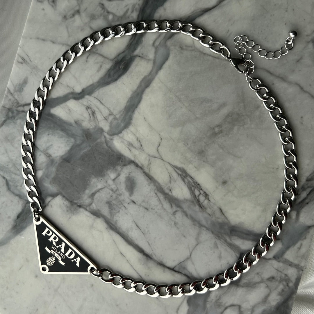 Small Black & Silver Triangular Logo Choker