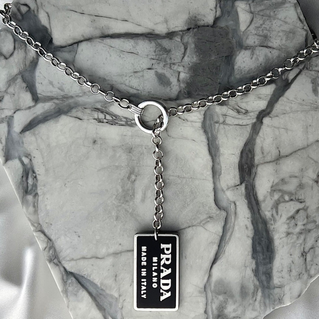 Black & Silver Rectangular Logo Necklace