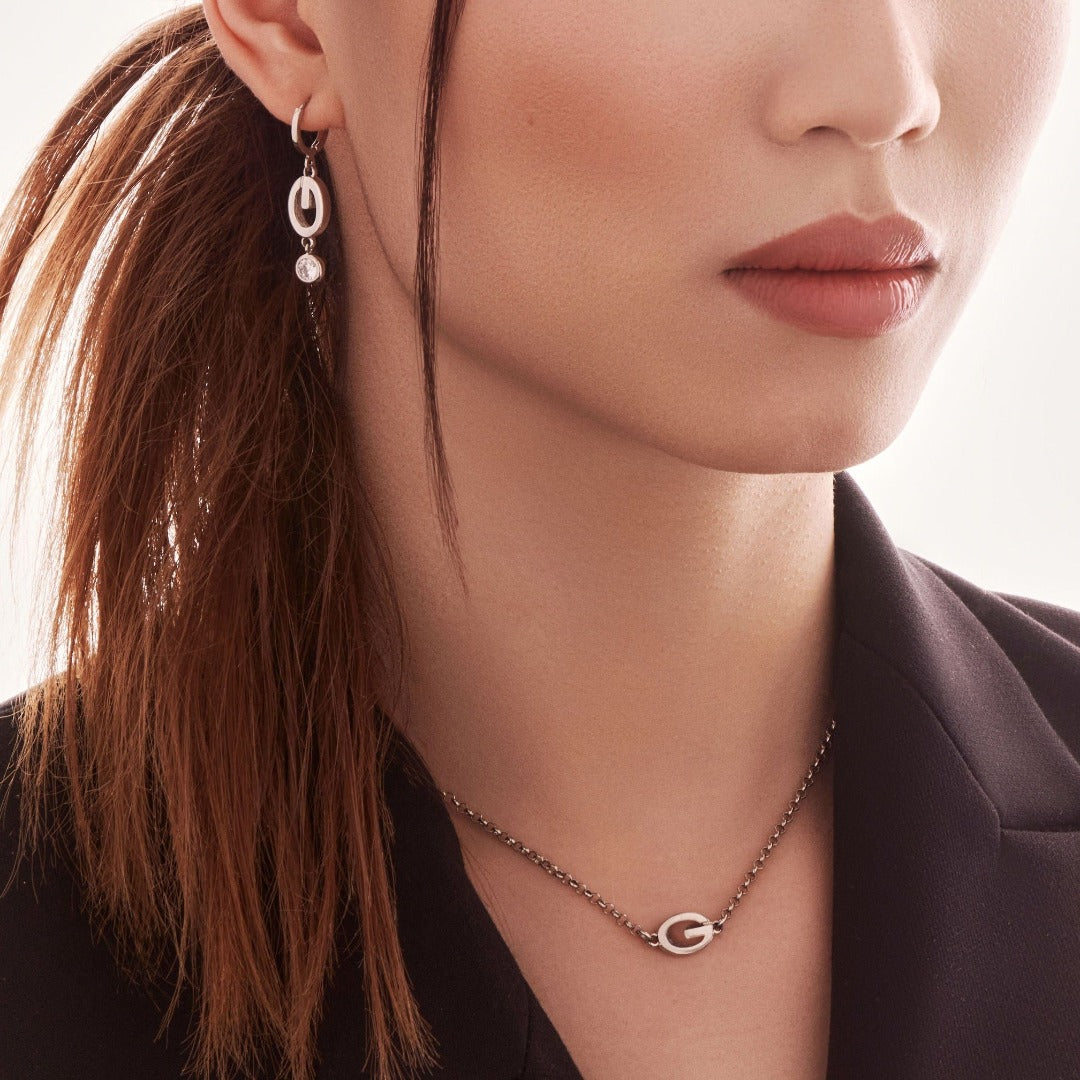 Silver Logo Earrings with Crystal Drops