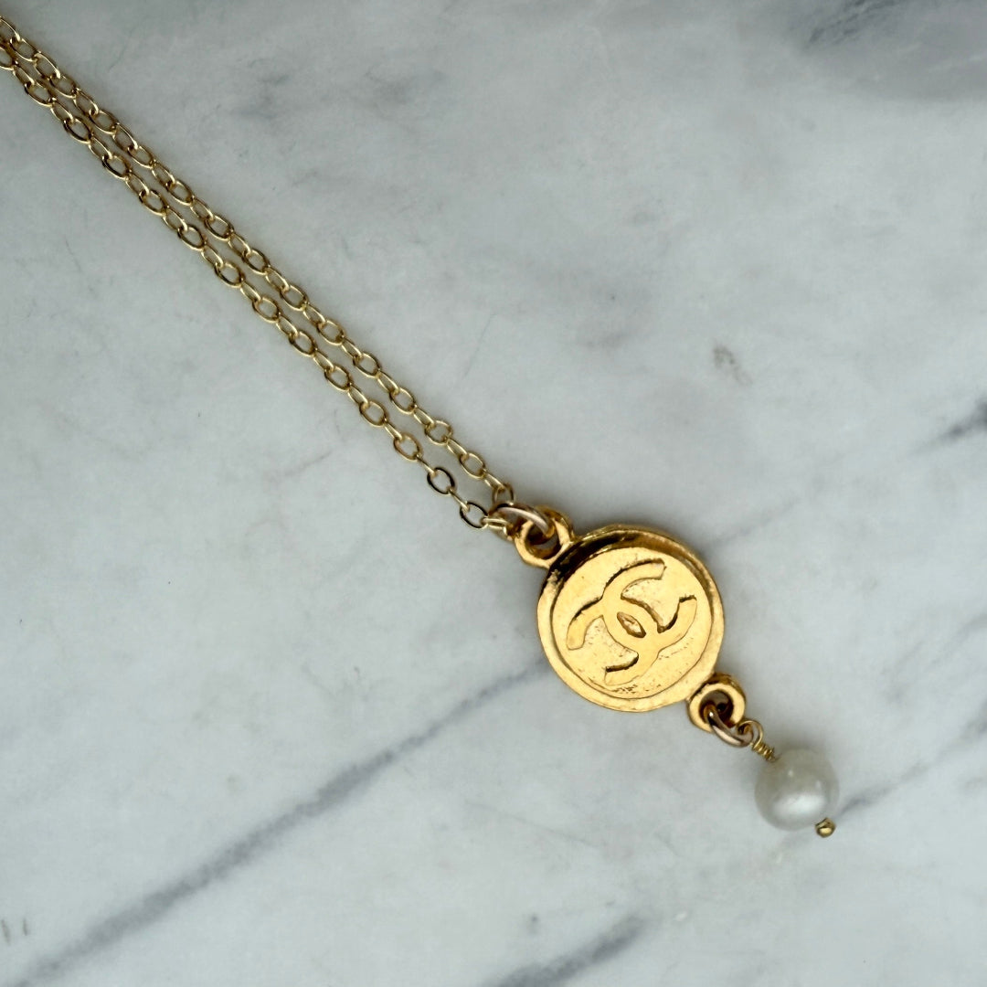 Gold Medallion Necklace with Pearl Drop