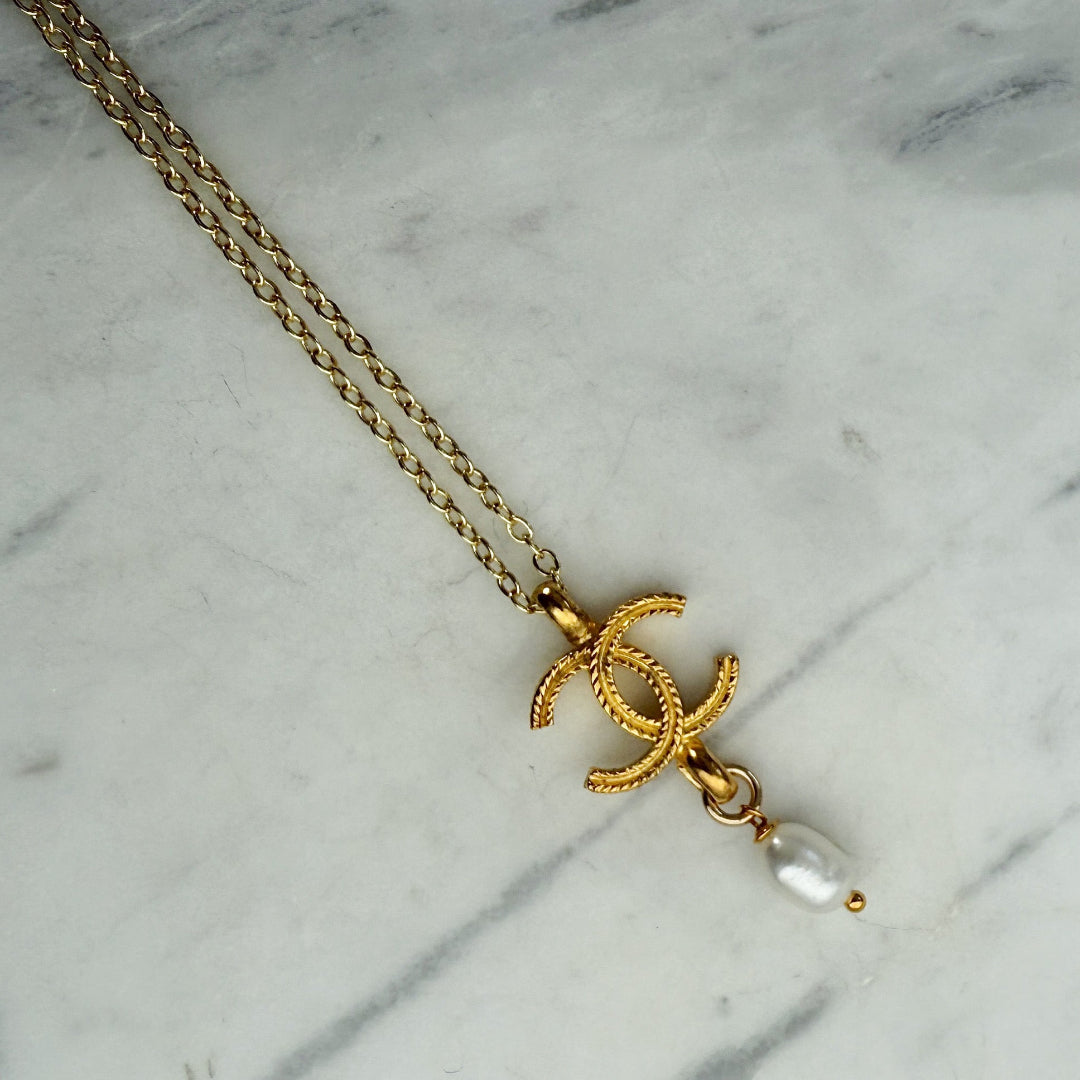 Gold Logo Necklace with Pearl Drop