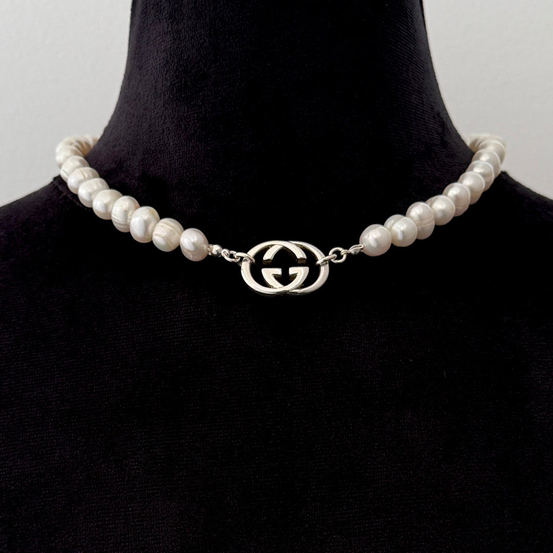 Large Silver Logo Pearl Choker