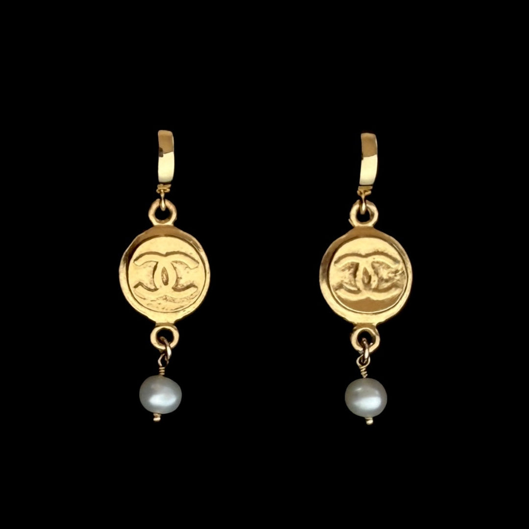 Gold Medallion Earrings with Pearl Drop