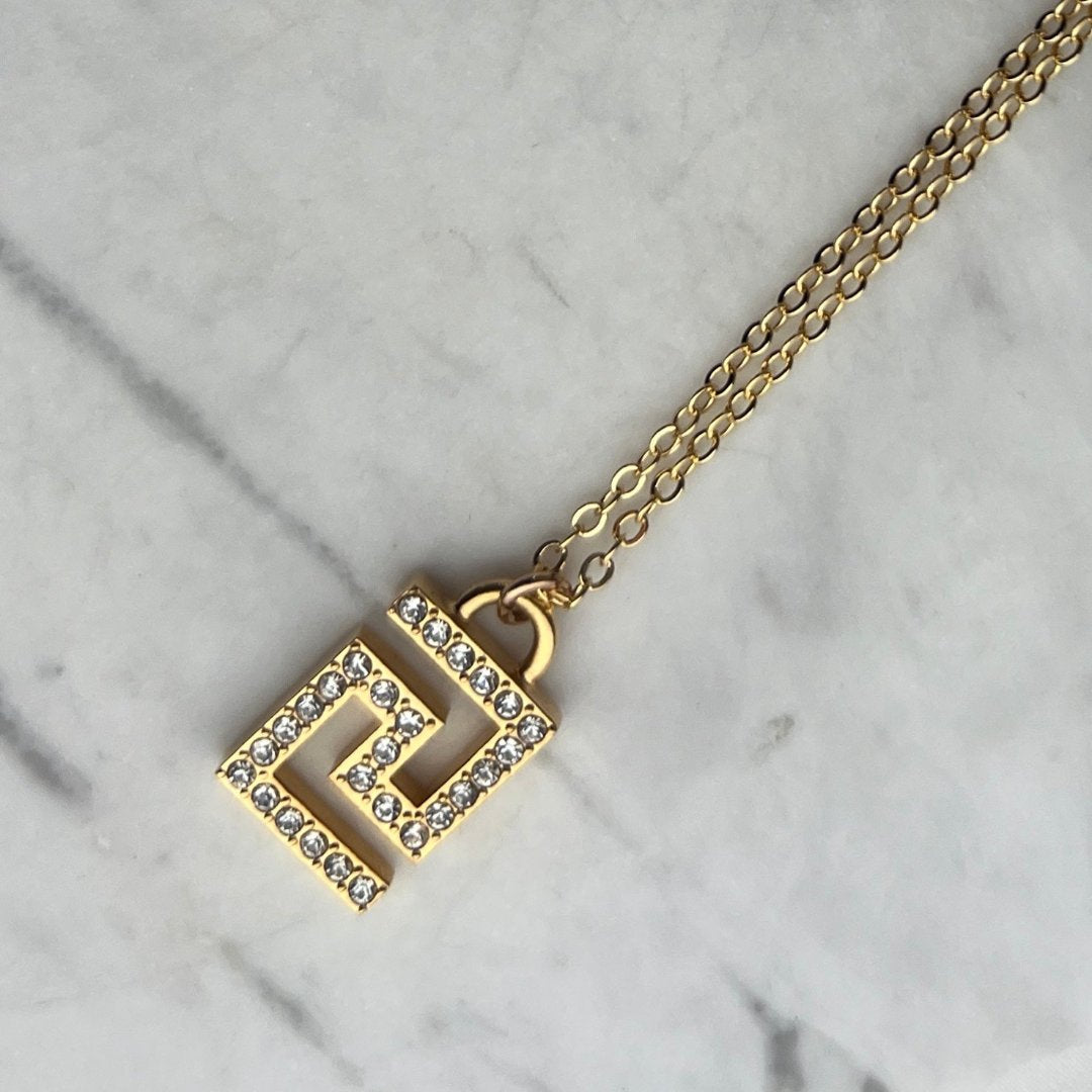 Large Gold & Rhinestone Logo Necklace