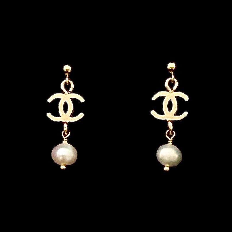 Small Light Gold Logo Earrings with Pearl Drops