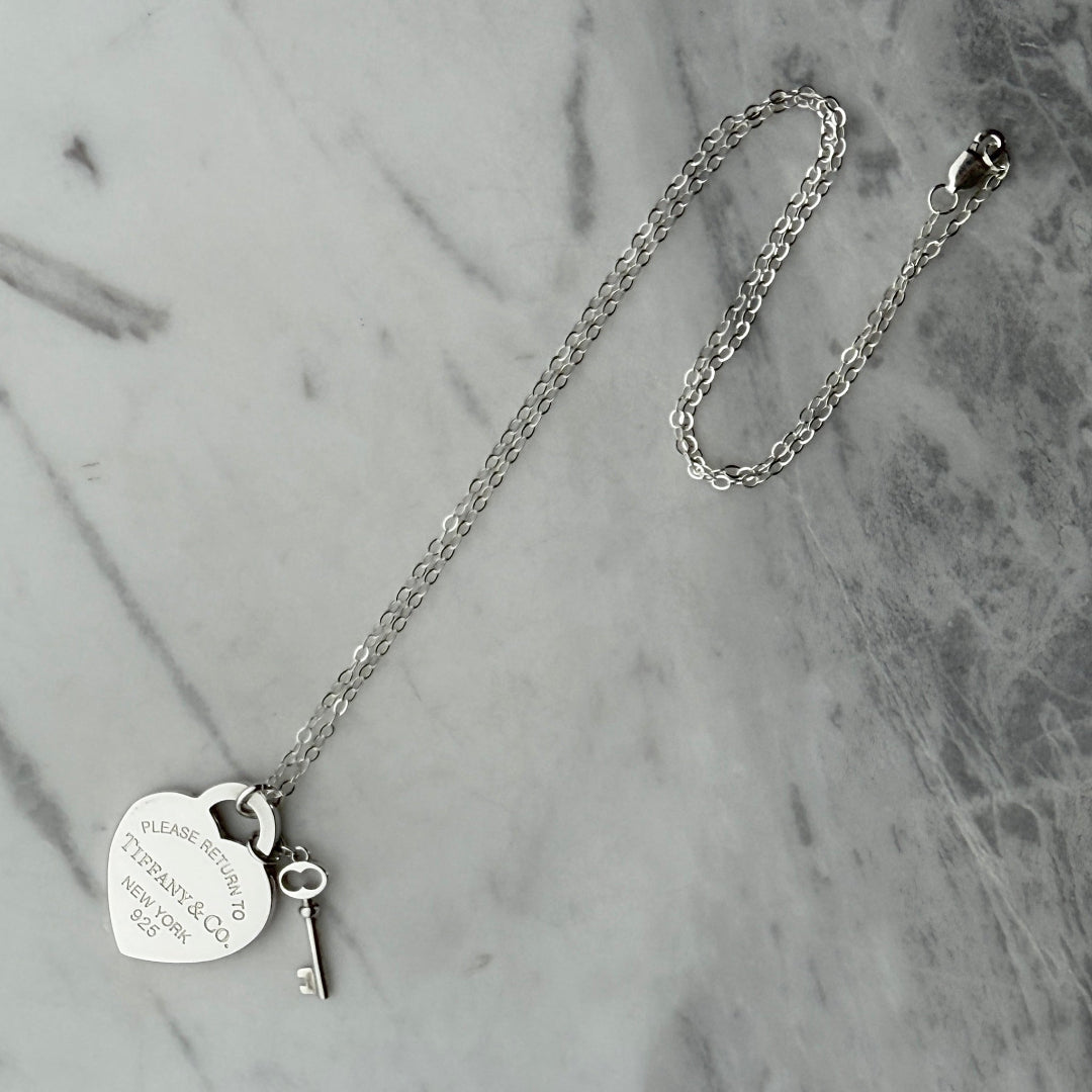 Silver Heart & Key Charm Necklace