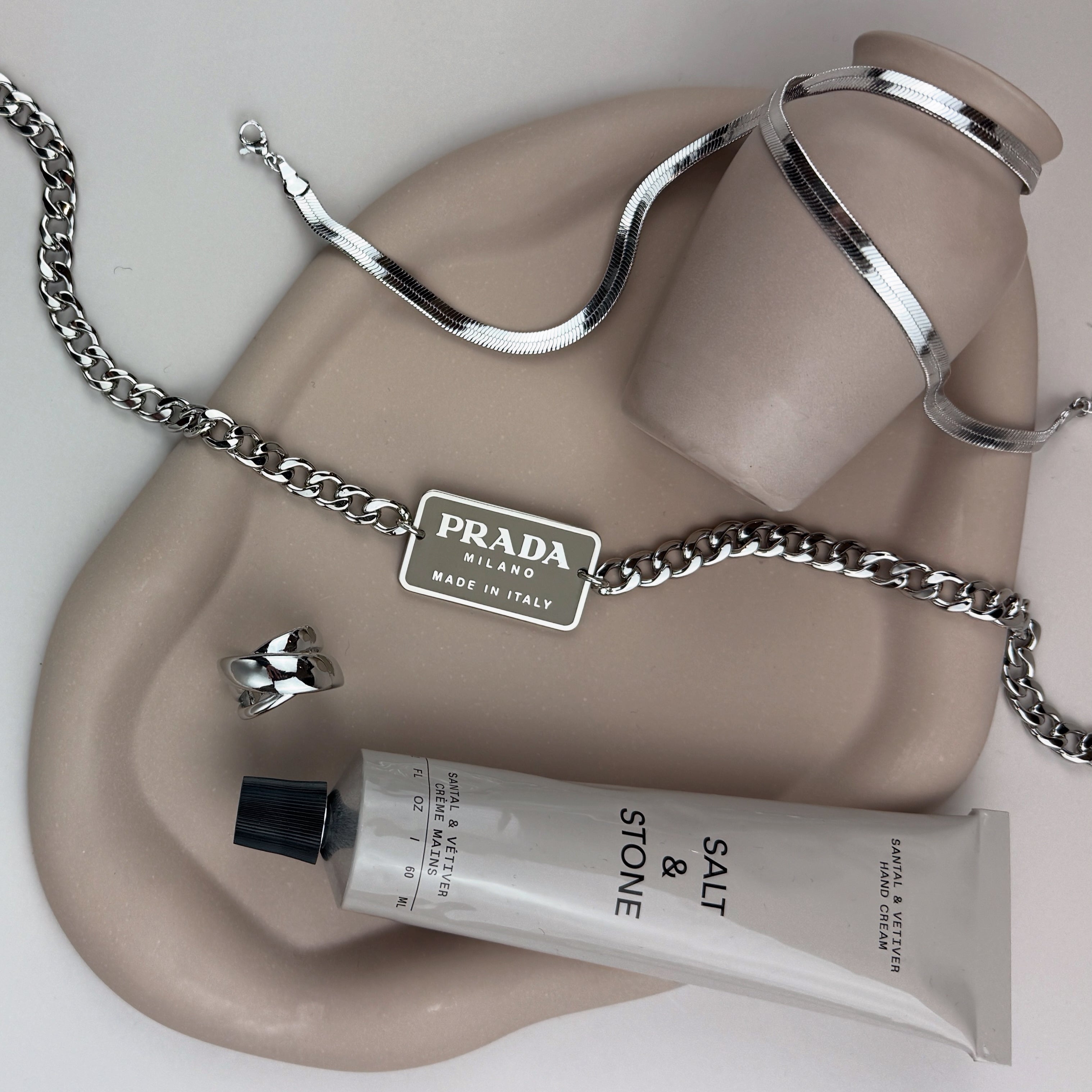 Large Latte & Silver Rectangular Logo Choker