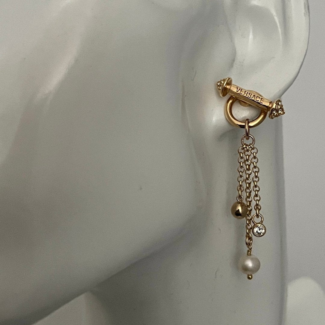 Gold Bar Earrings with Pearl & Rhinestone Drops