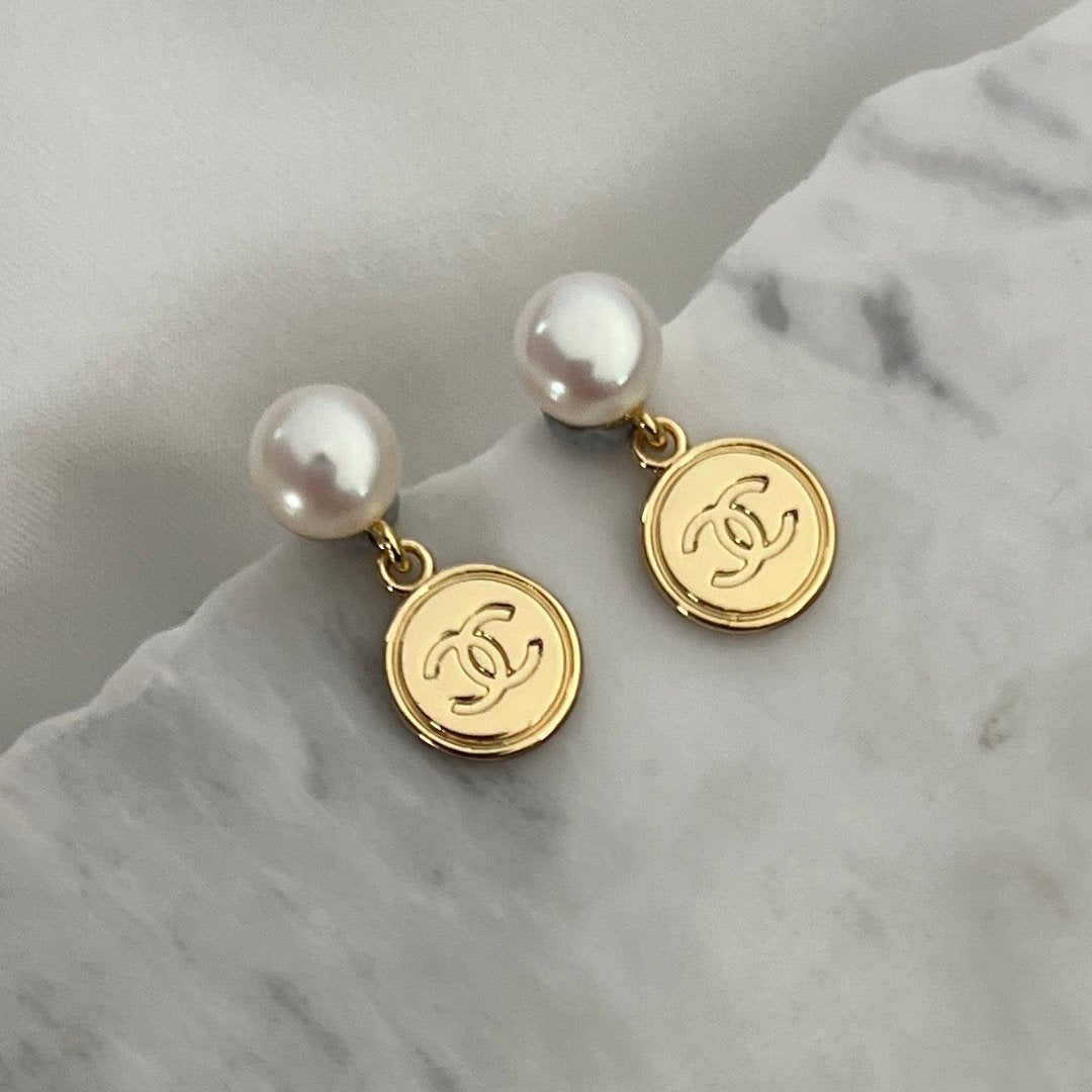 Mini Round Gold Logo Pearl Earrings