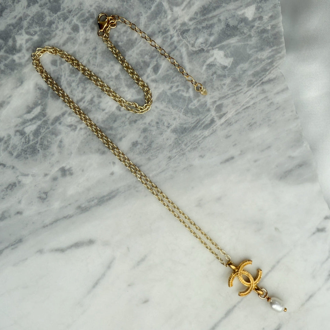 Gold Logo Necklace with Pearl Drop