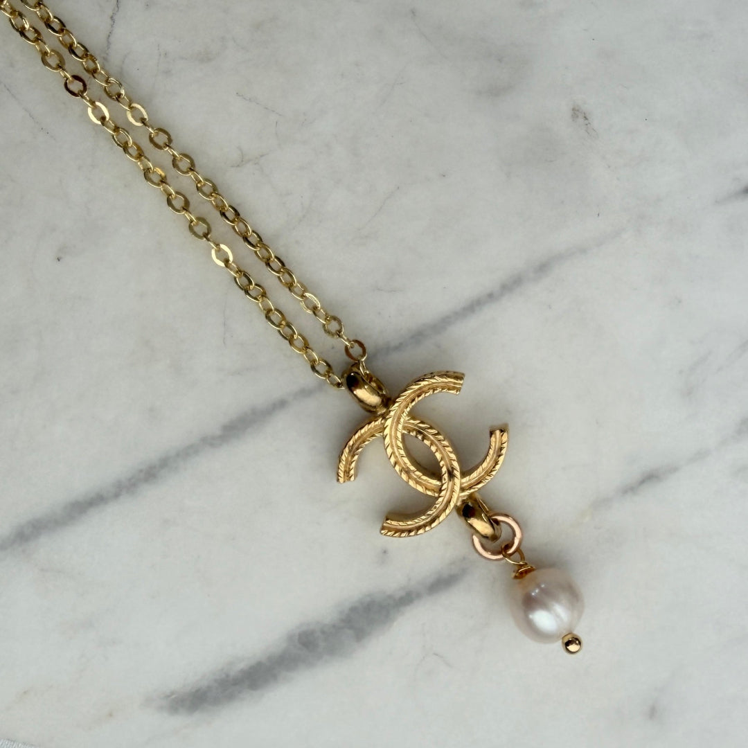 Gold Logo Necklace with Pearl Drop