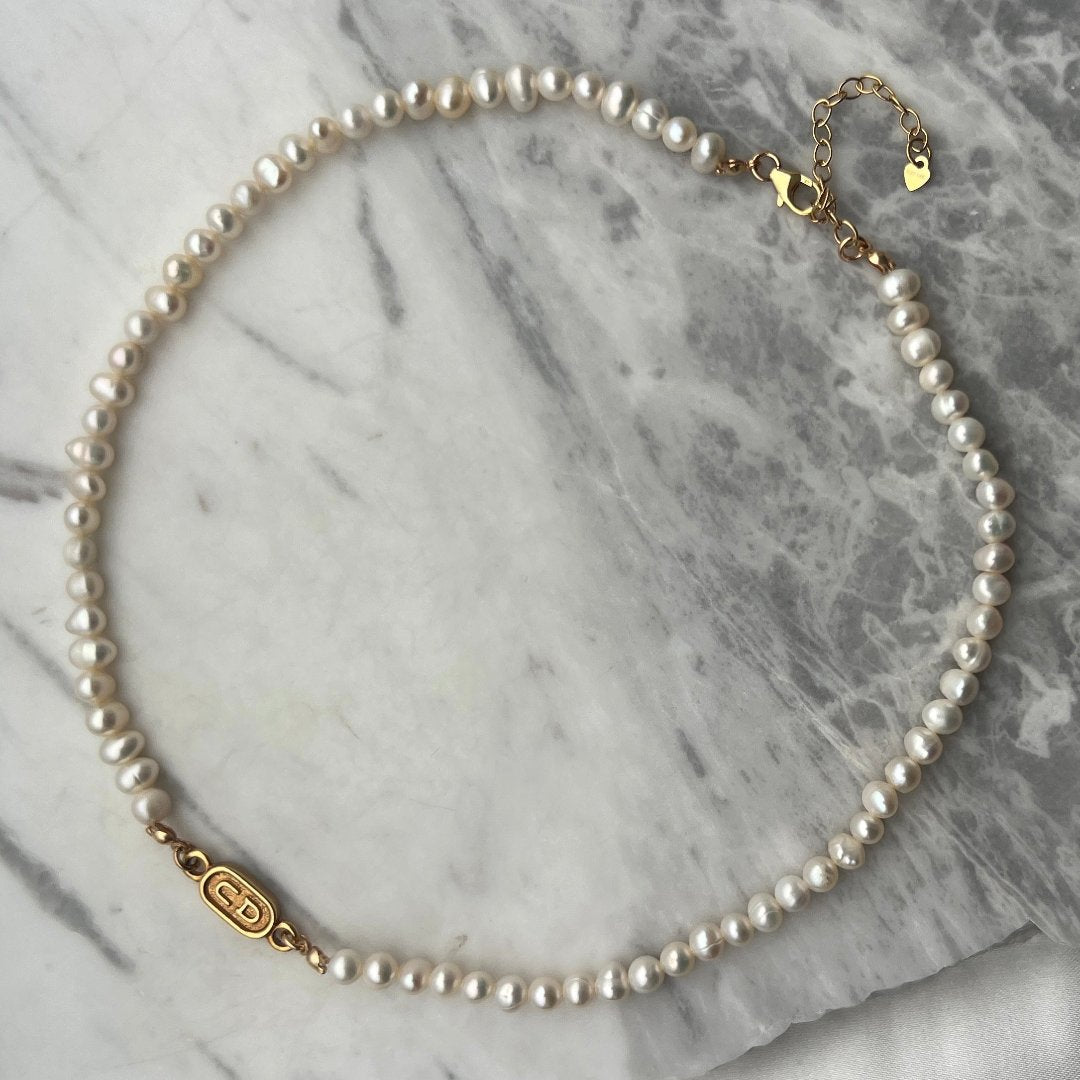 Stamped Small Gold Pearl Choker