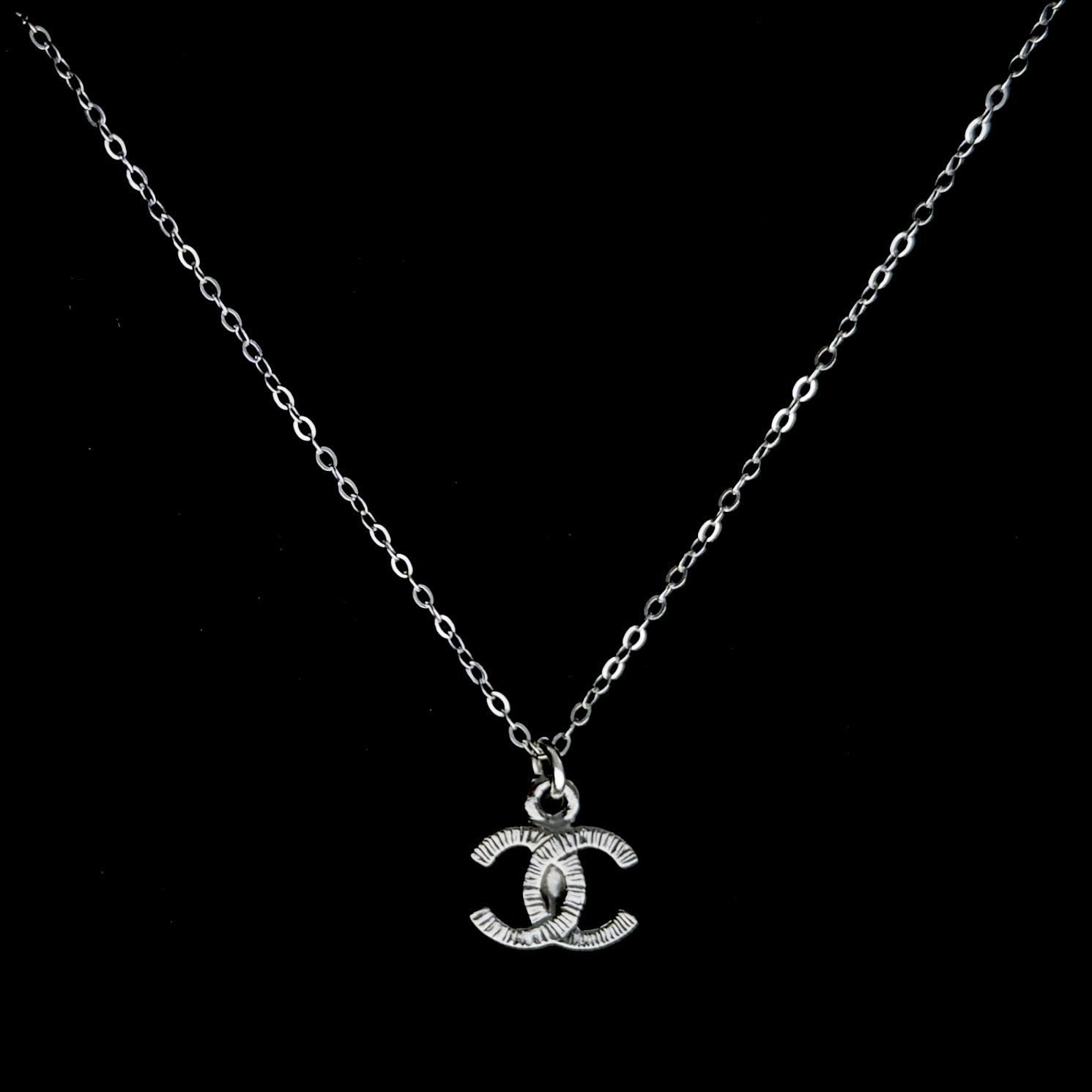Dark Silver Textured Logo Necklace