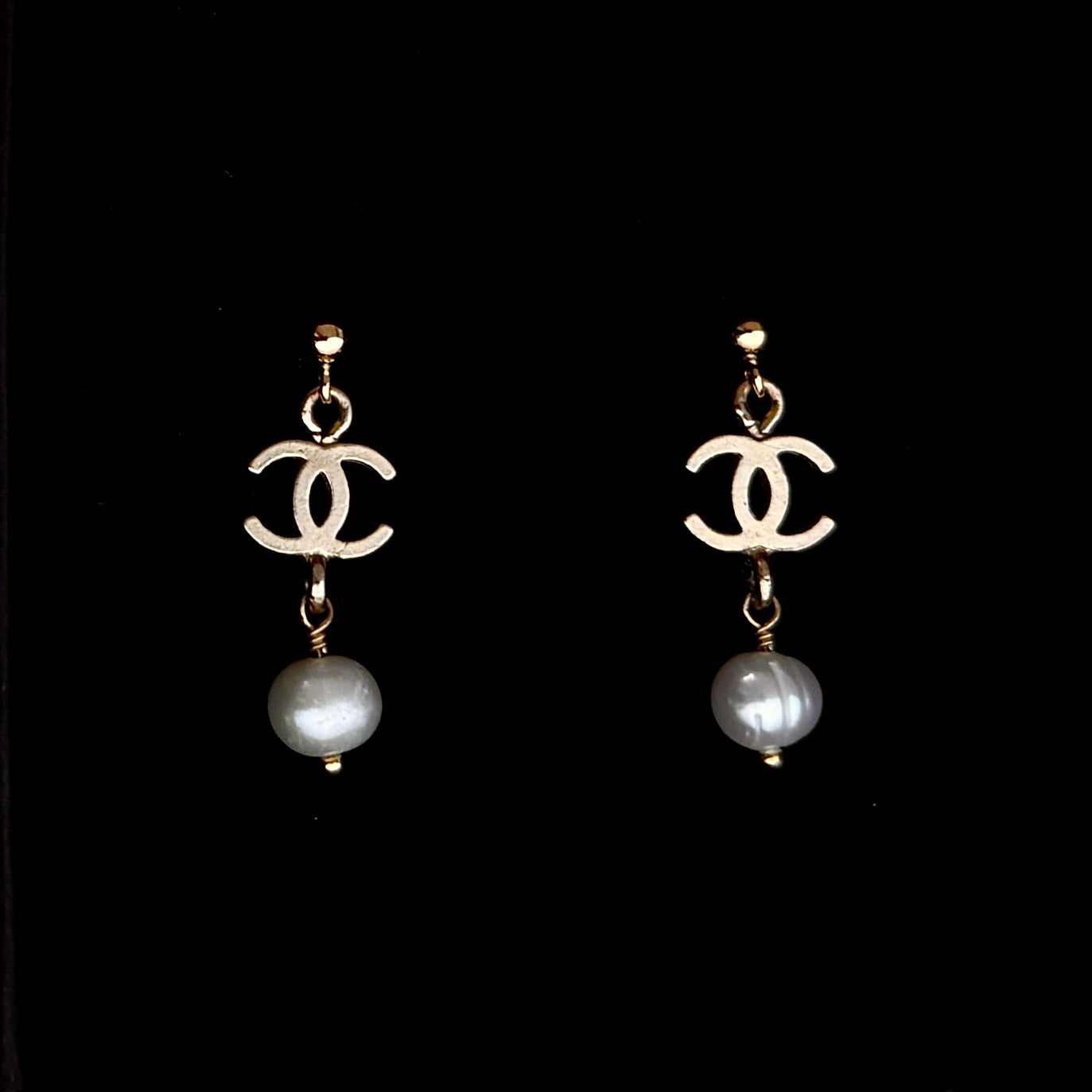 Small Light Gold Logo Earrings with Pearl Drops