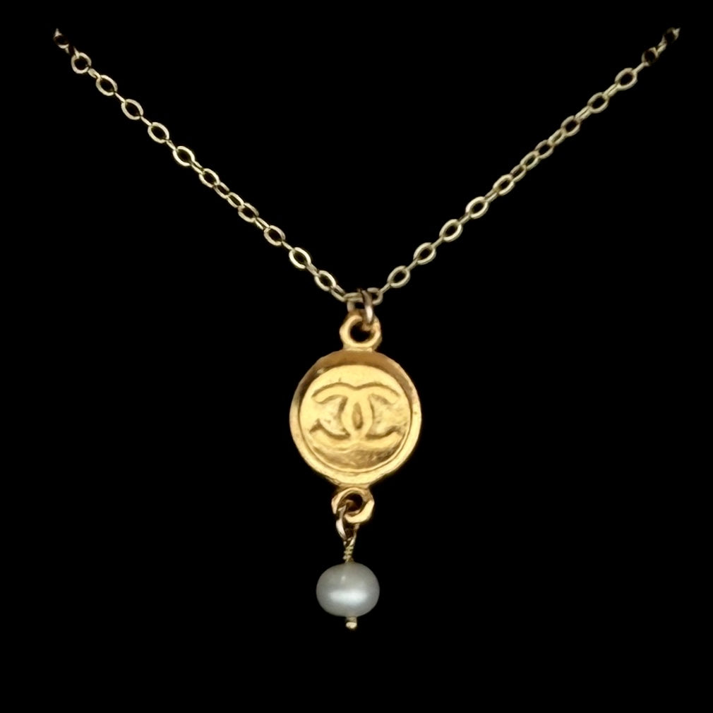 Gold Medallion Necklace with Pearl Drop