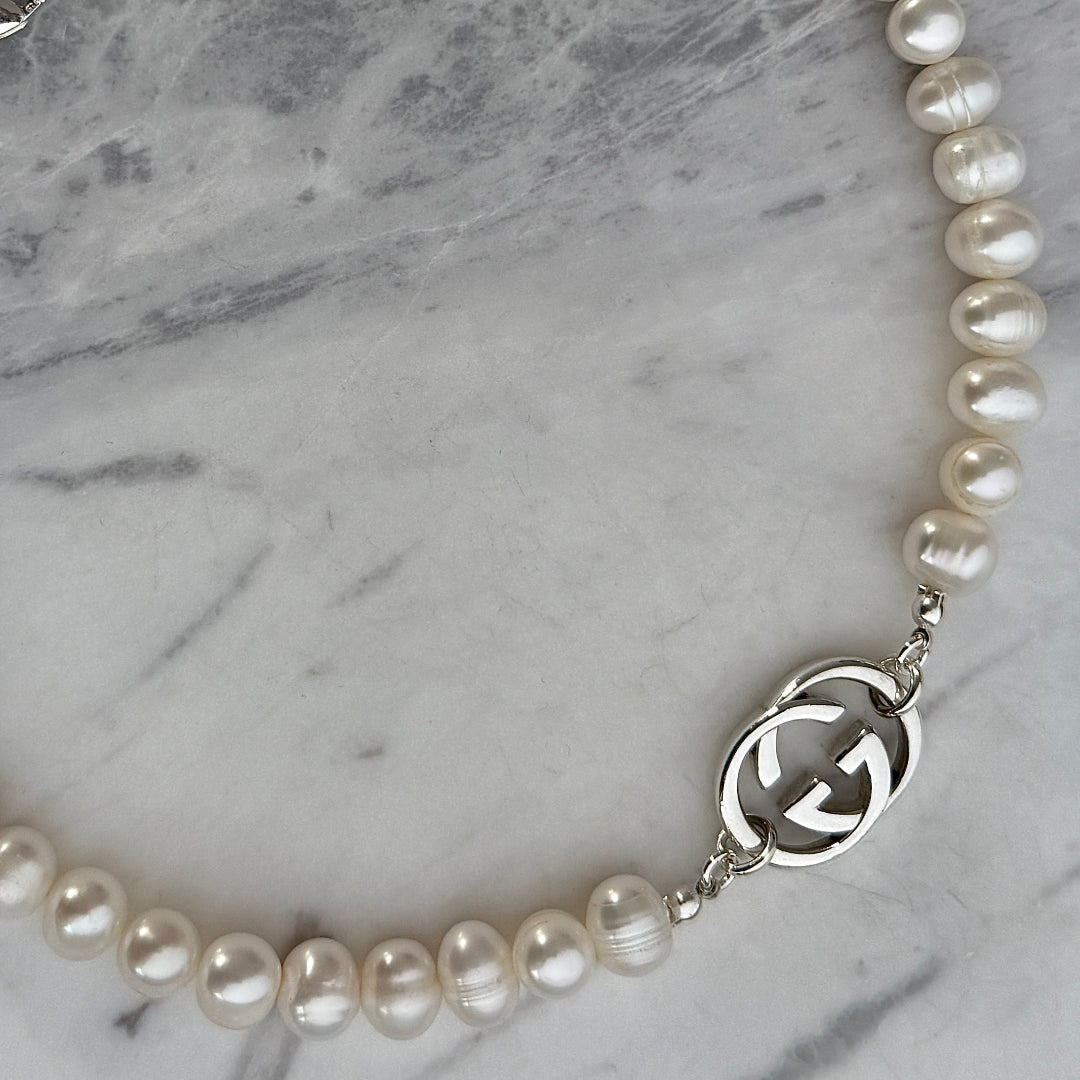 Large Silver Logo Pearl Choker
