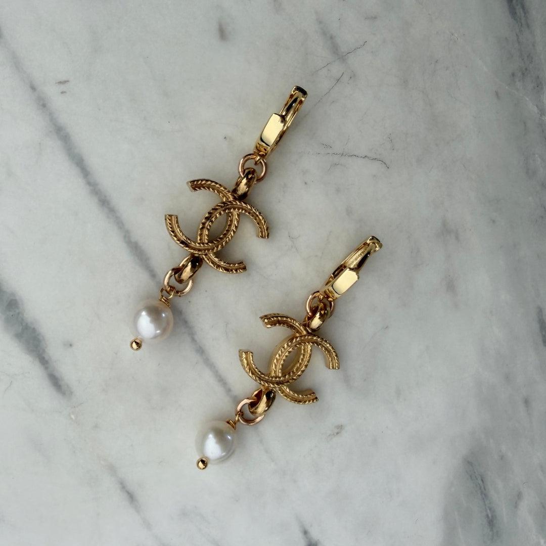 Gold Logo Earrings with Pearl Drop