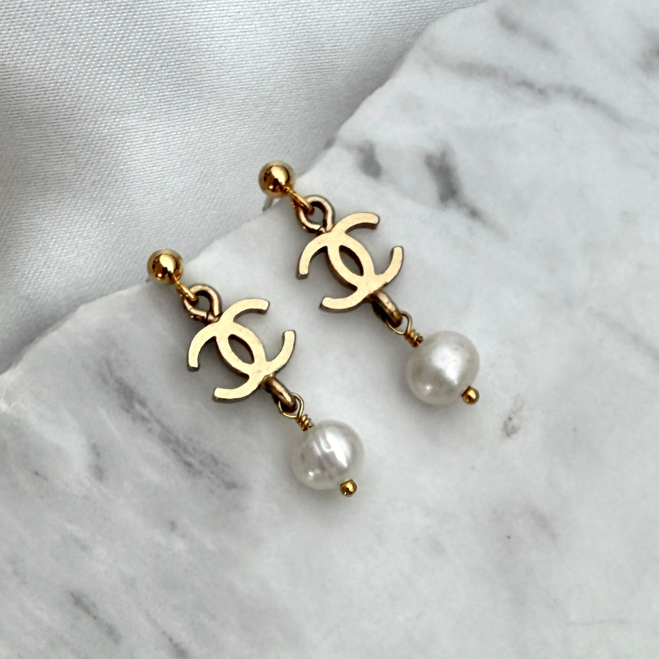 Small Light Gold Logo Earrings with Pearl Drops