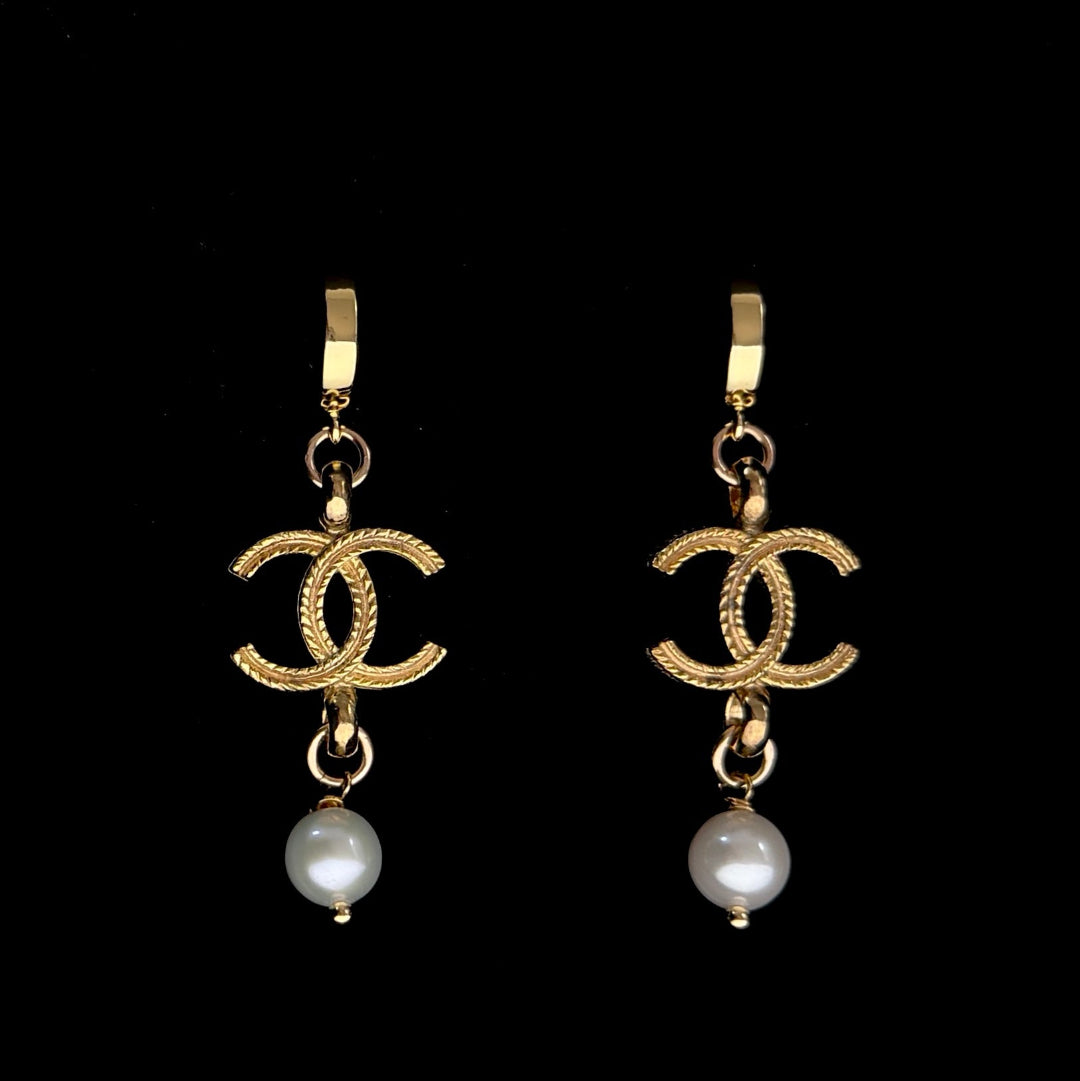 Gold Logo Earrings with Pearl Drop
