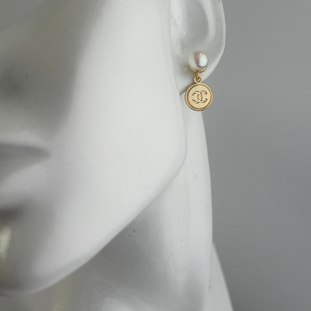 Mini Round Gold Logo Pearl Earrings