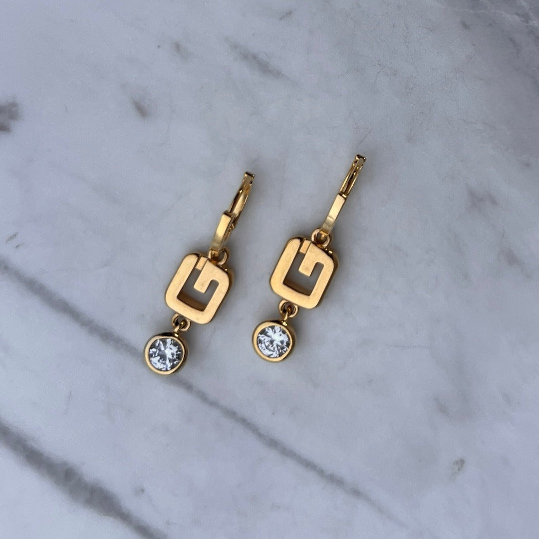 Gold Logo Earrings with Crystal Drop