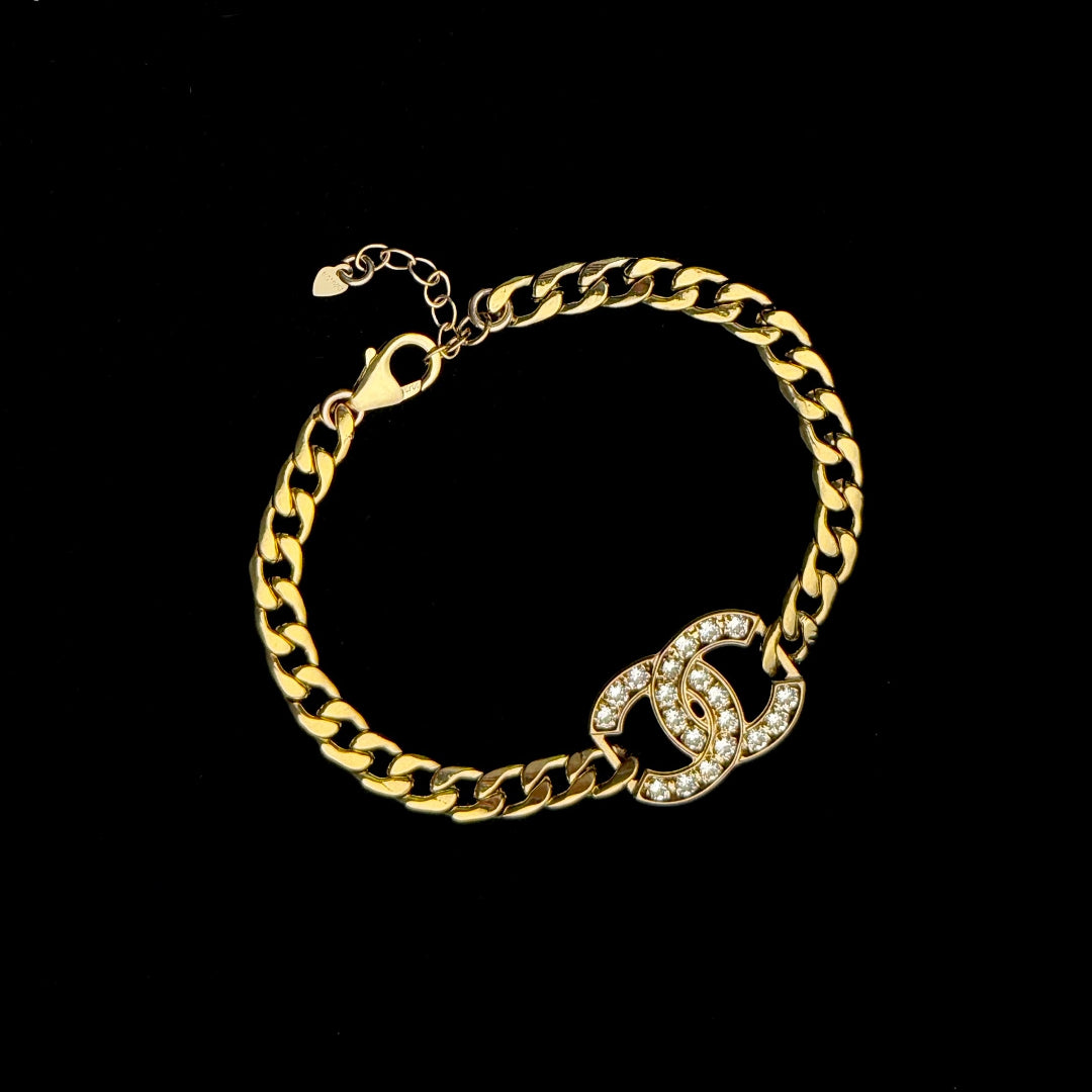 Gold & Rhinestone Logo Cuban Bracelet