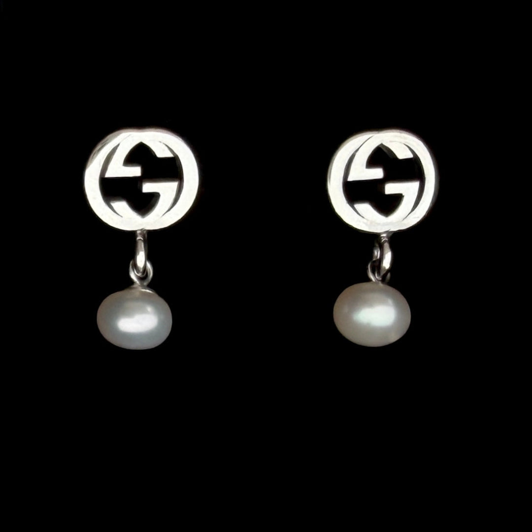 Sterling Silver Logo Earrings with Pearl Drop