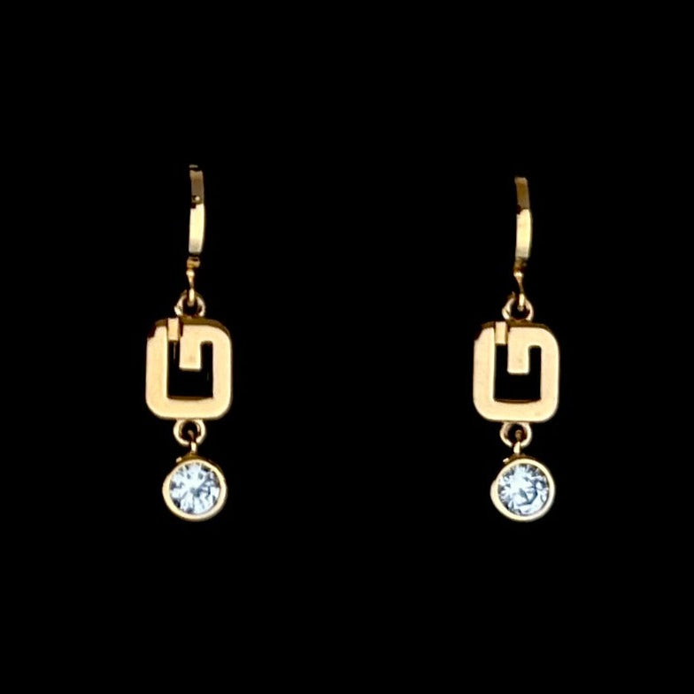 Gold Logo Earrings with Crystal Drop