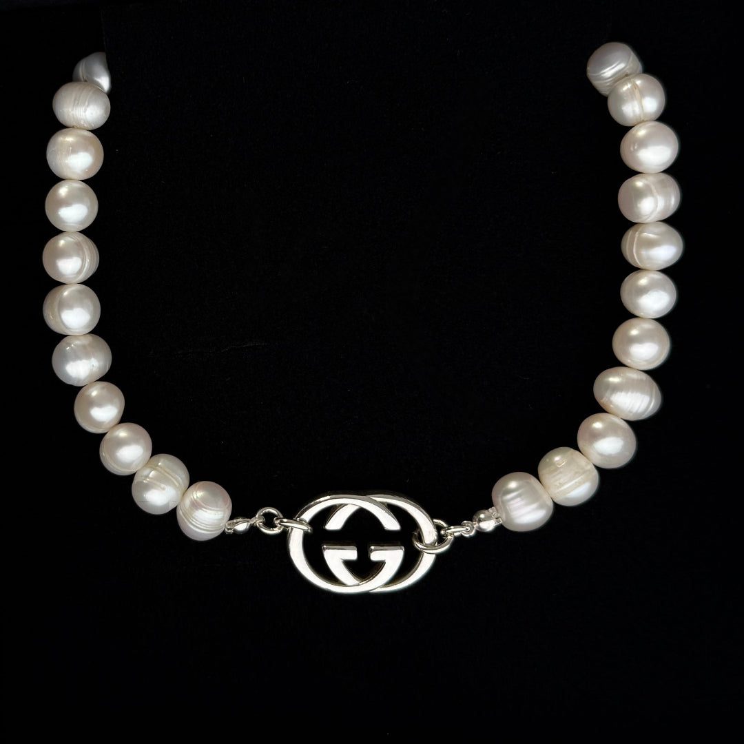 Large Silver Logo Pearl Choker