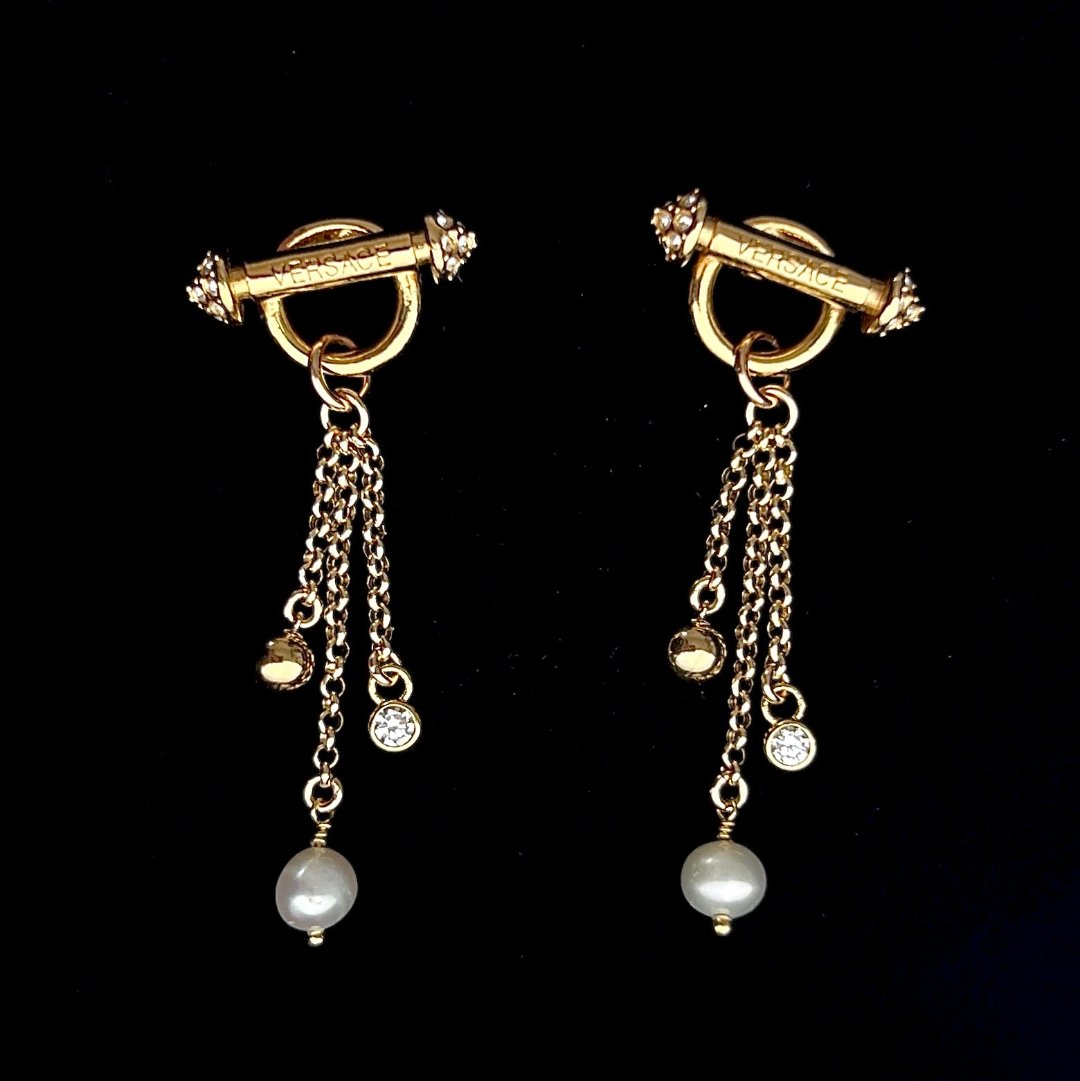 Gold Bar Earrings with Pearl & Rhinestone Drops