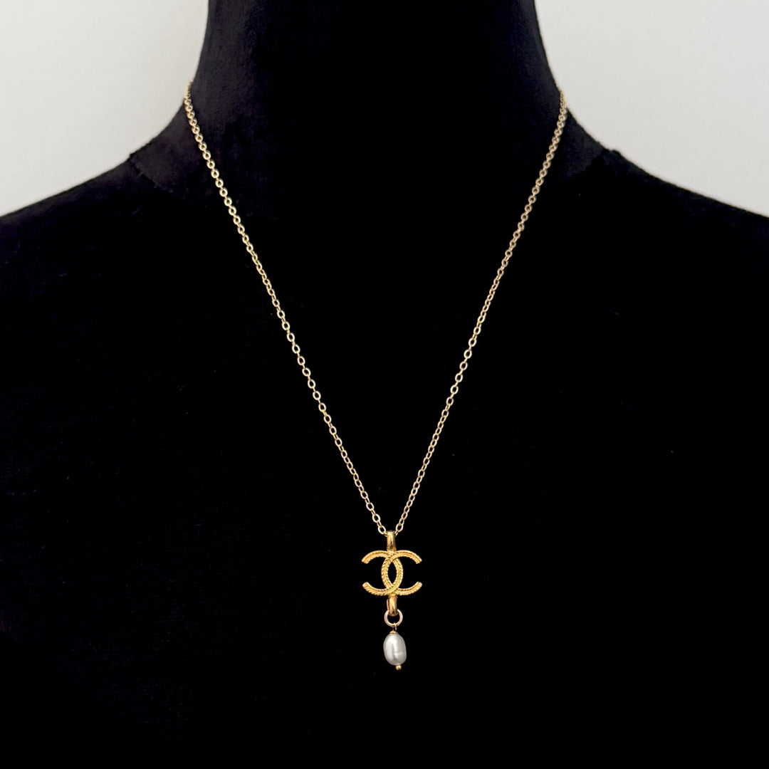 Gold Logo Necklace with Pearl Drop