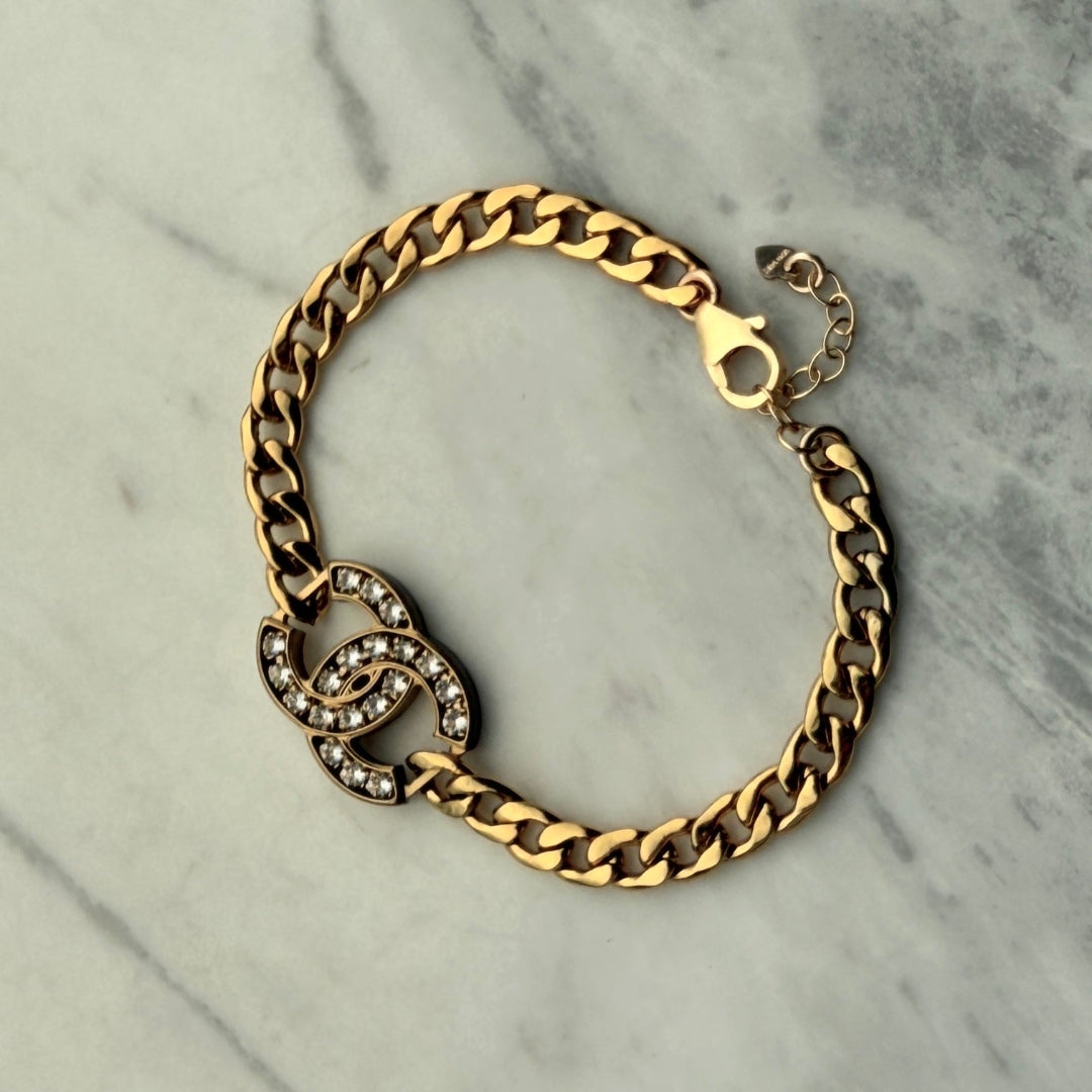 Gold & Rhinestone Logo Cuban Bracelet