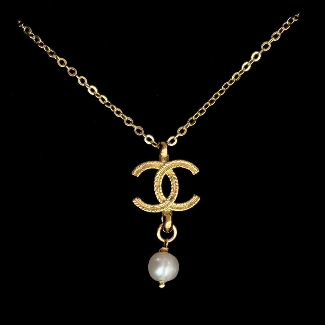 Gold Logo Necklace with Pearl Drop