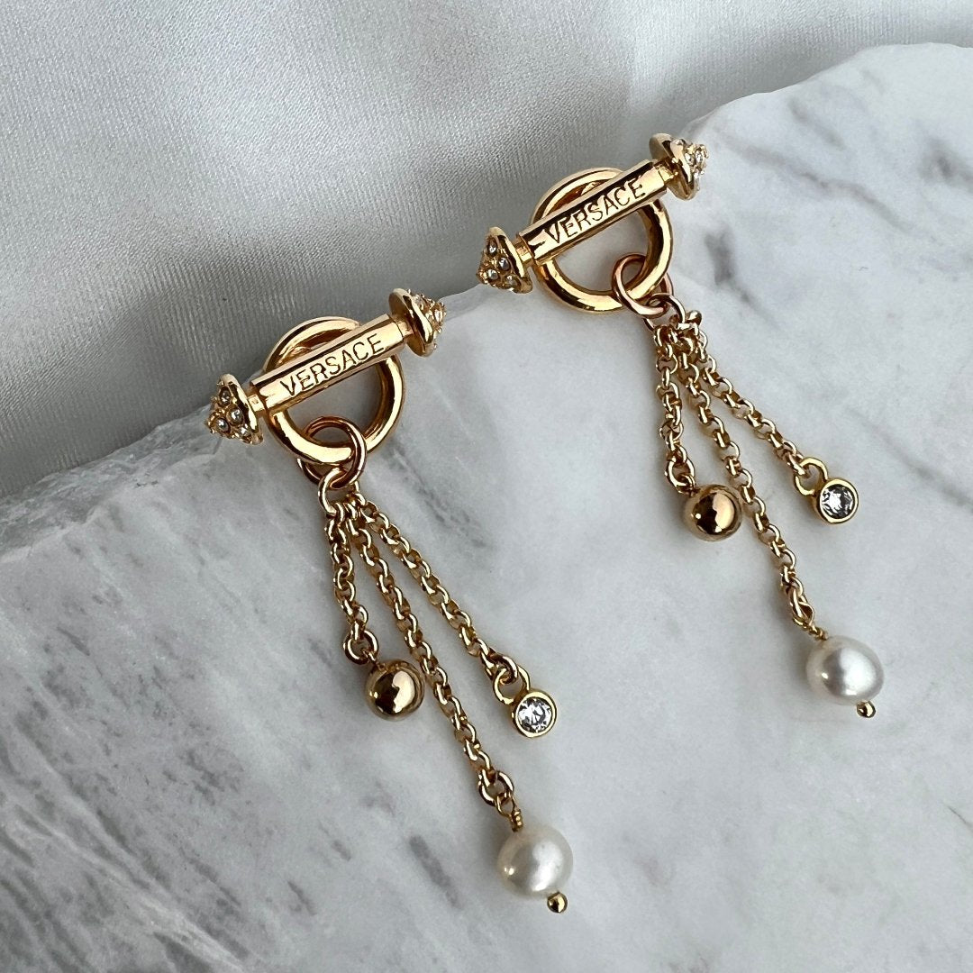 Gold Bar Earrings with Pearl & Rhinestone Drops