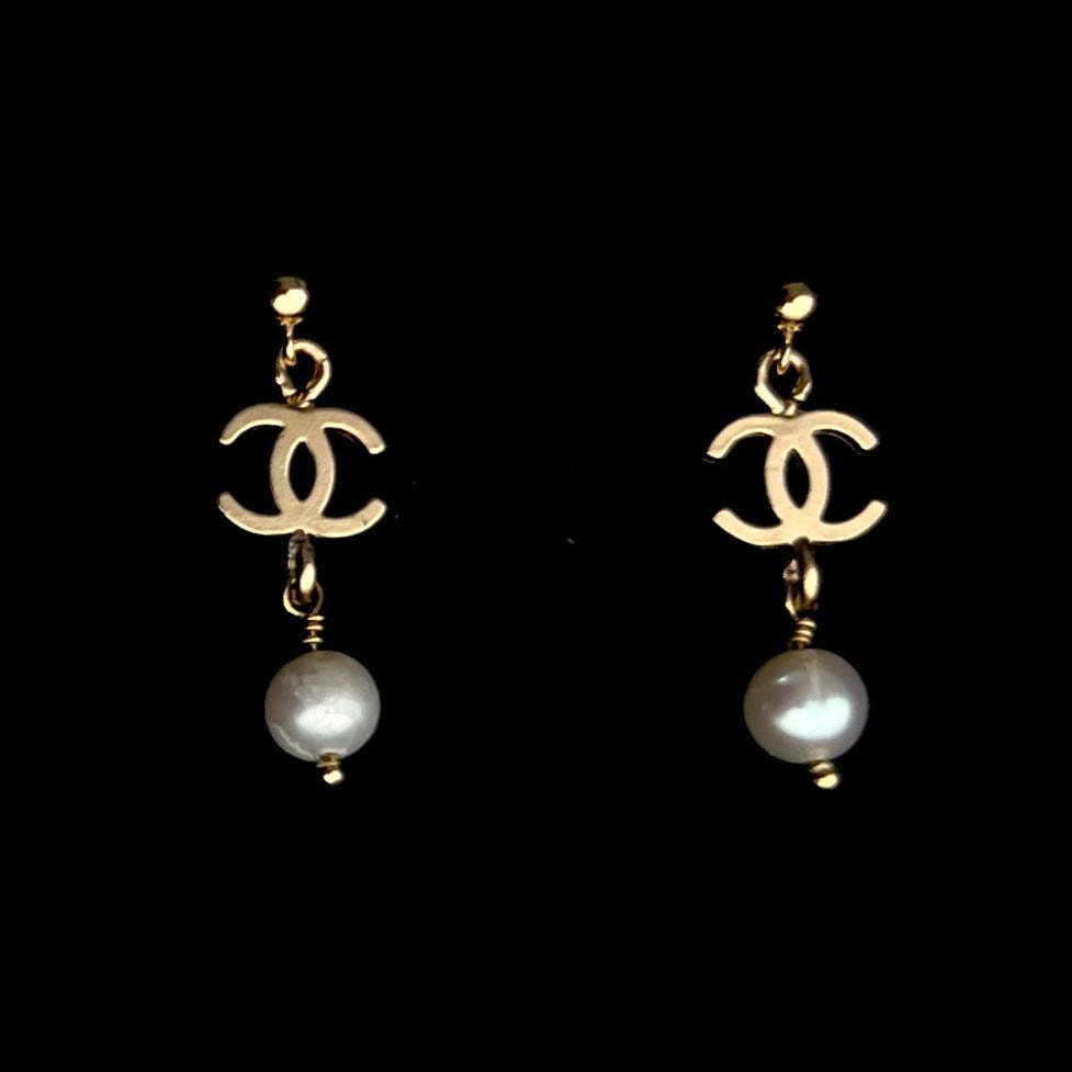 Small Light Gold Logo Earrings with Pearl Drop
