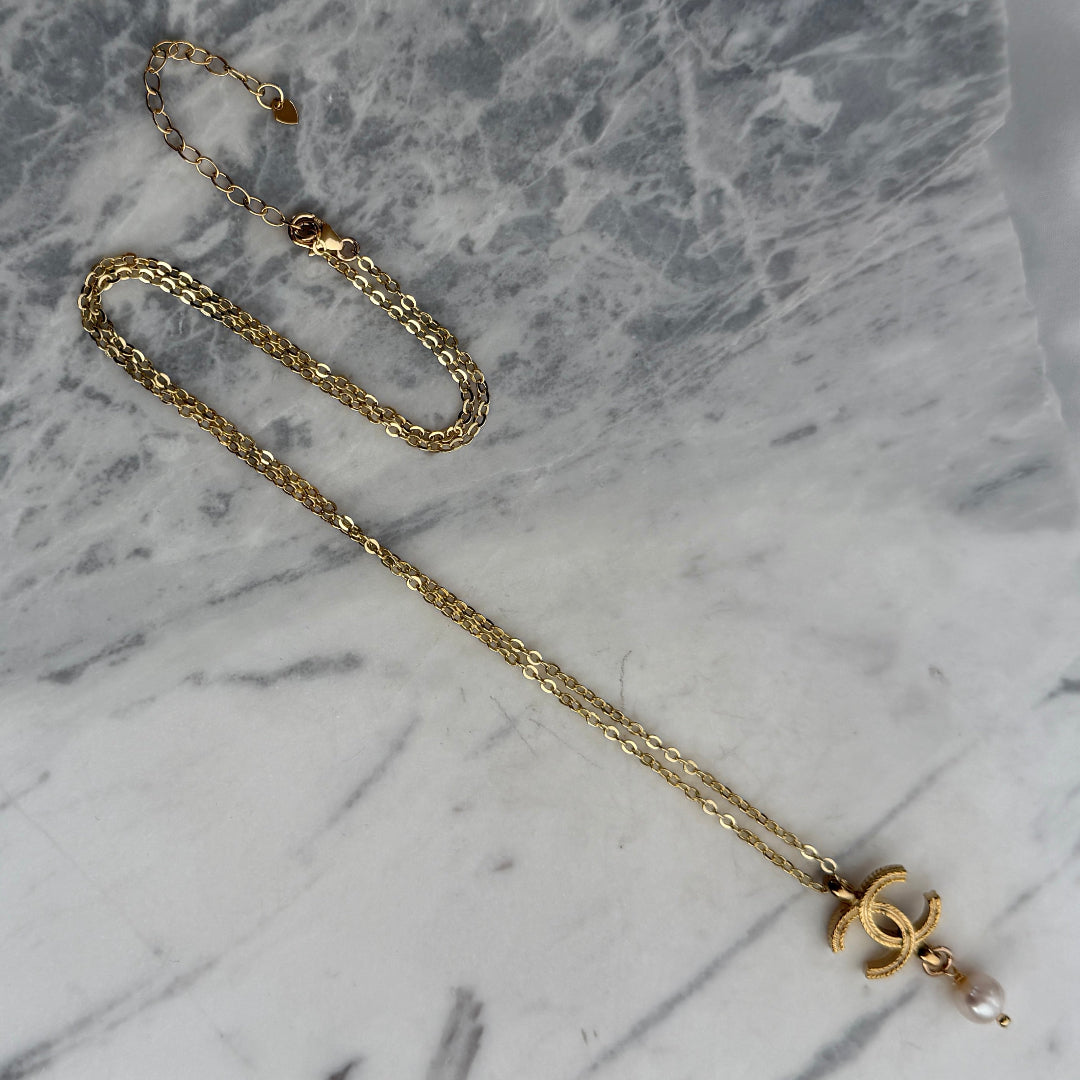 Gold Logo Necklace with Pearl Drop