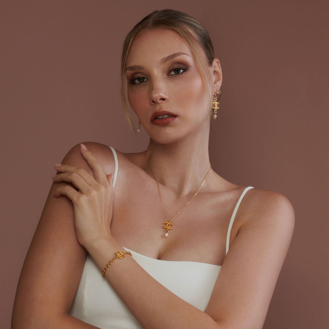 Gold Logo Earrings with Pearl Drop