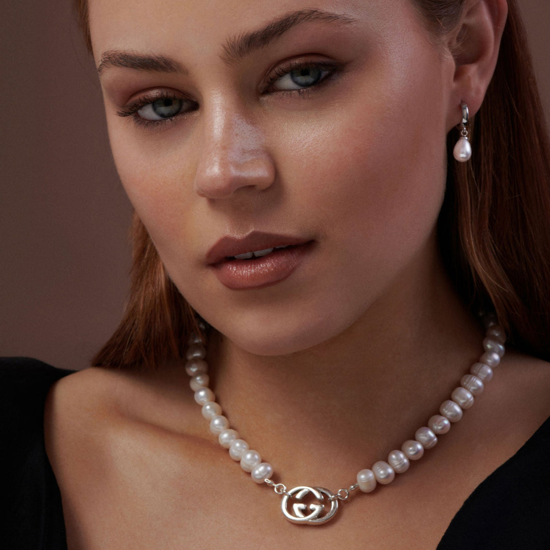 Large Silver Logo Pearl Choker