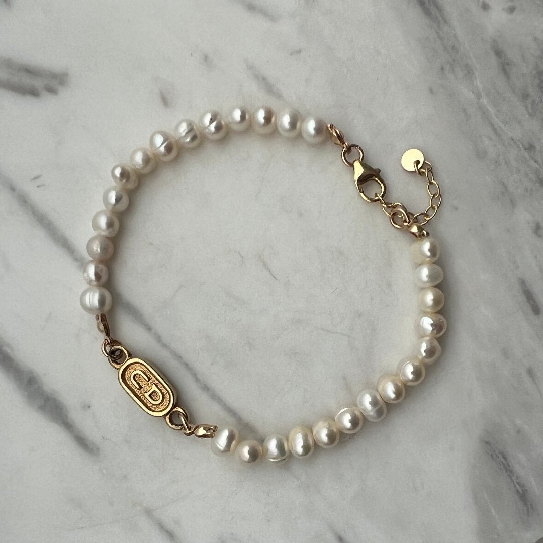 Small Stamped Gold Pearl Bracelet