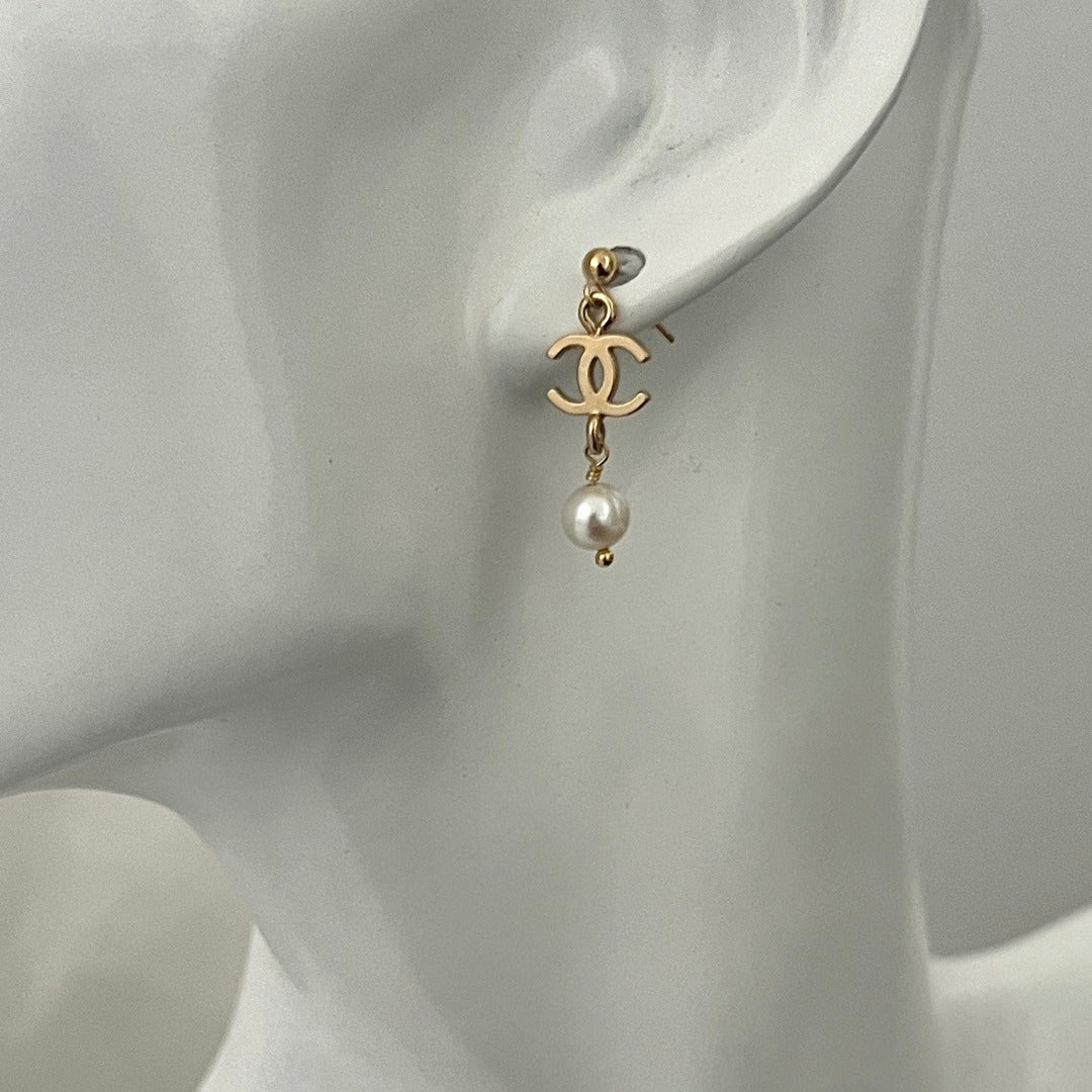 Small Light Gold Logo Earrings with Pearl Drop