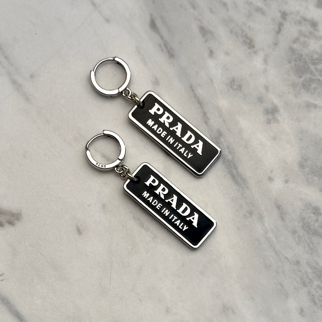 Small Black & Silver Rectangular Logo Earrings