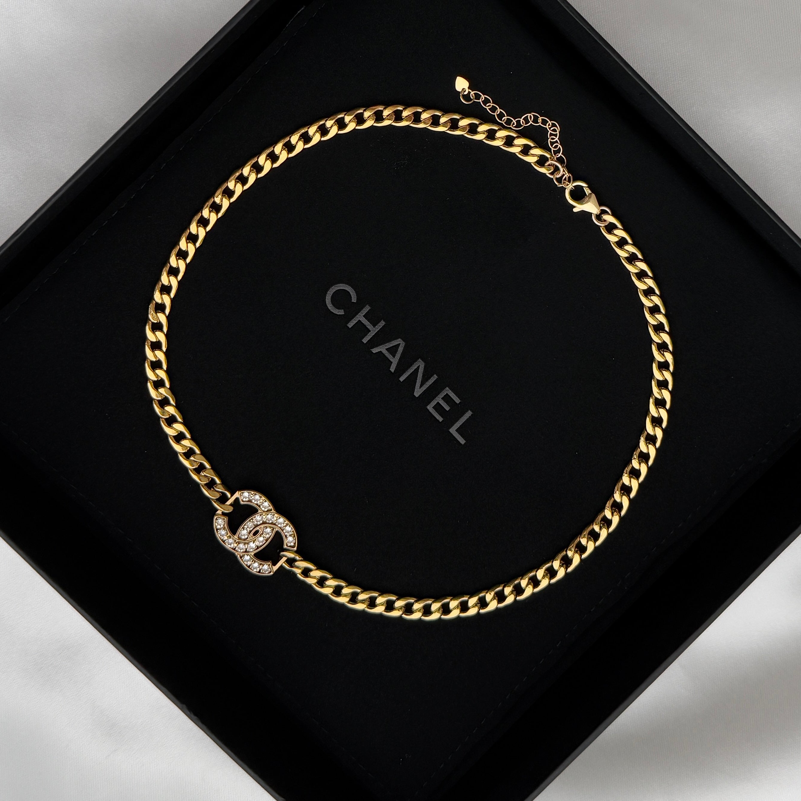 Gold & Rhinestone Logo Cuban Choker