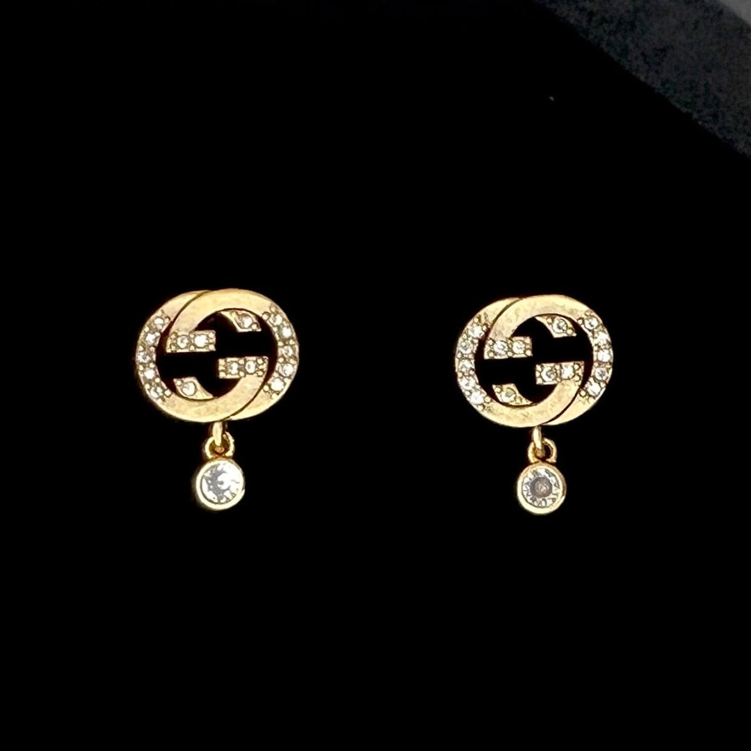 Gold Logo Earrings with Crystal Drop