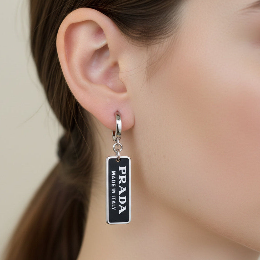 Small Black & Silver Rectangular Logo Earrings