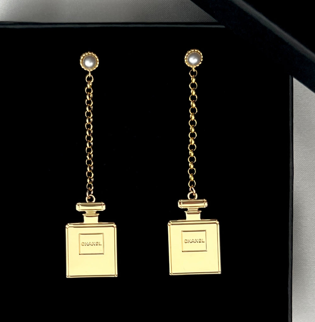Chanel CC No5 Perfume Bottle Dangle Earrings Metal with Resin Gold 2080481