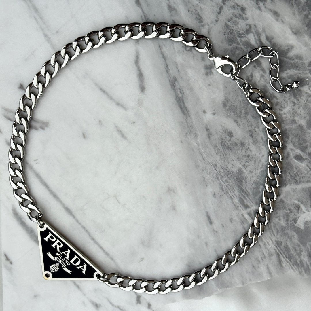 Large Black & Silver Triangular Logo Choker