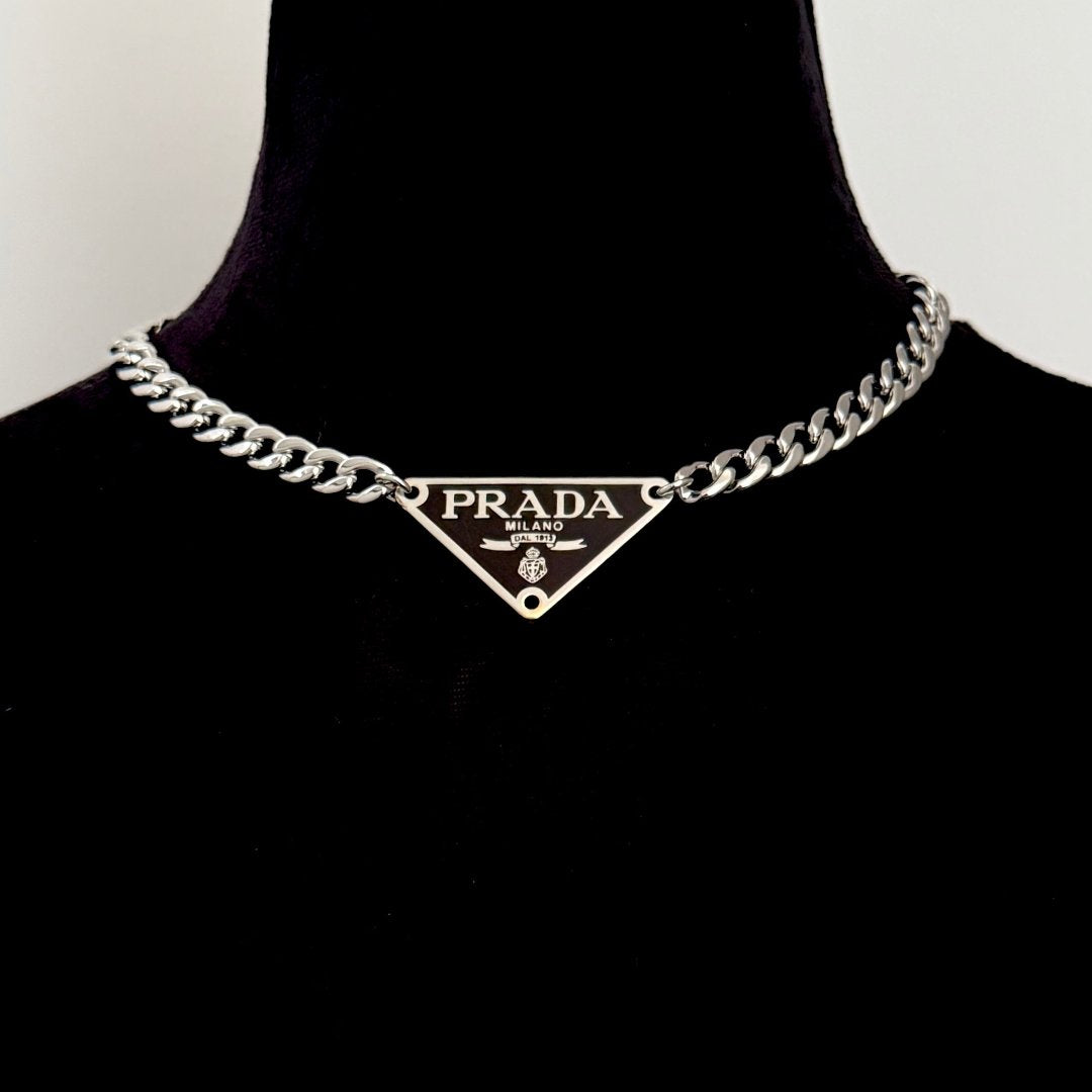 Large Black & Silver Triangular Logo Choker