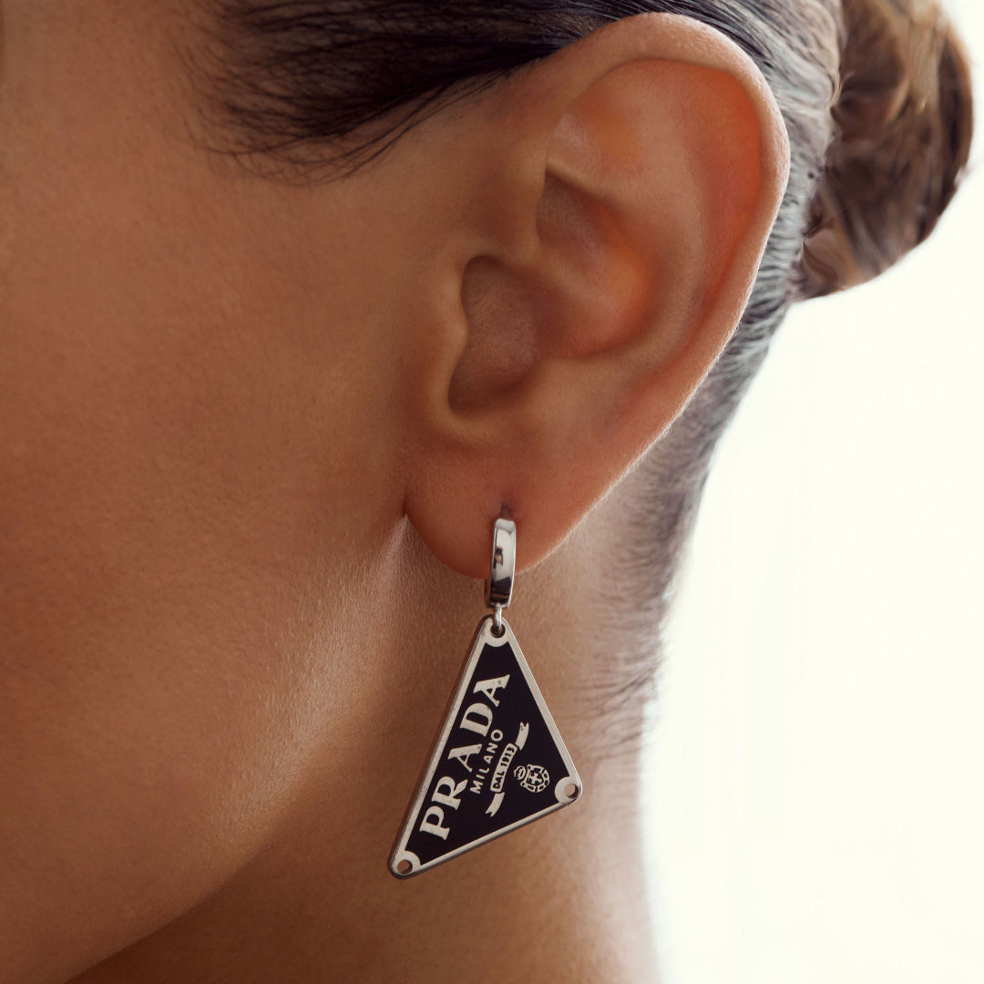 Triangular Black & Silver Logo Earrings